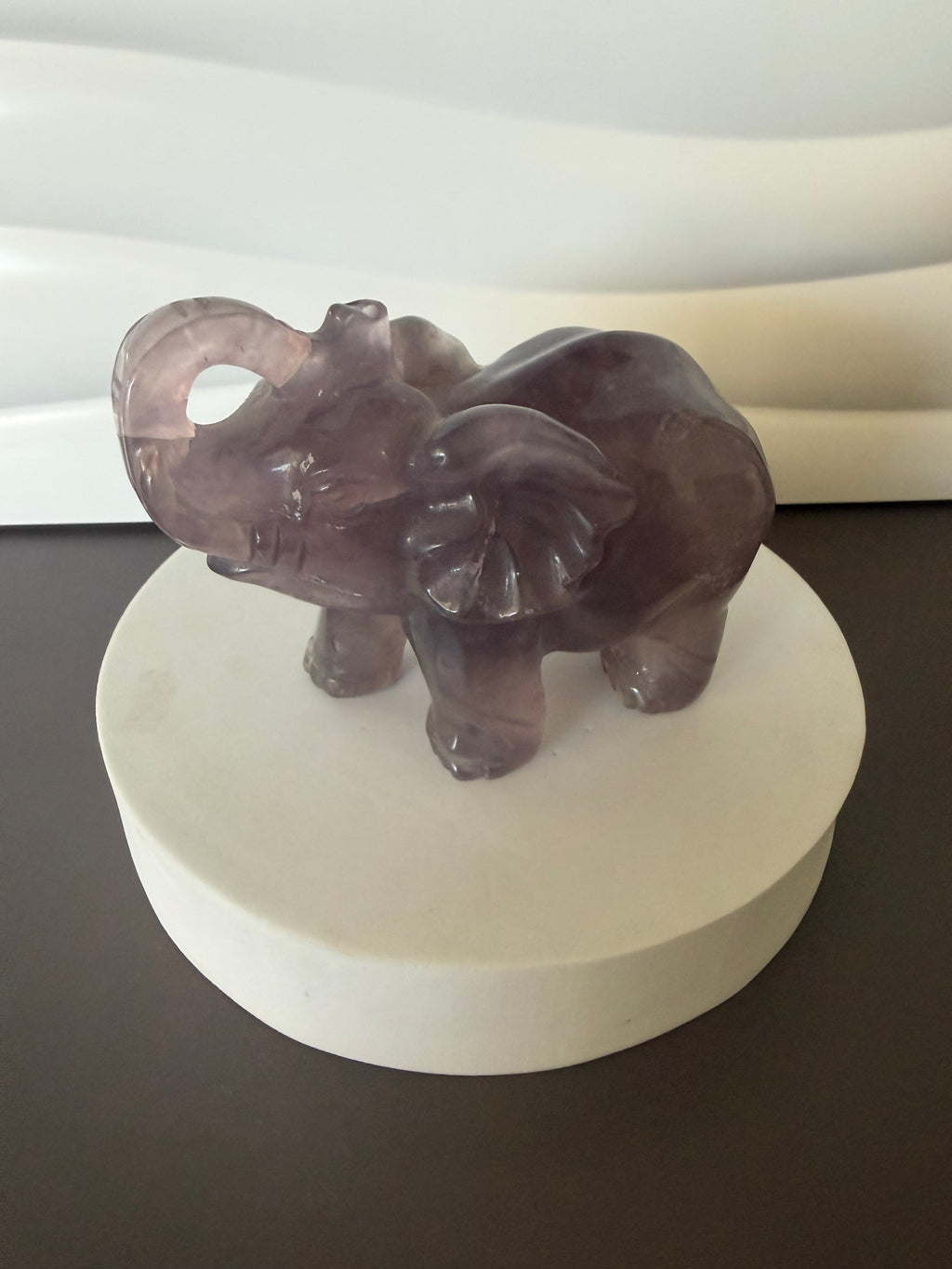 Purple Fluorite Elephant crystal carving - view 1