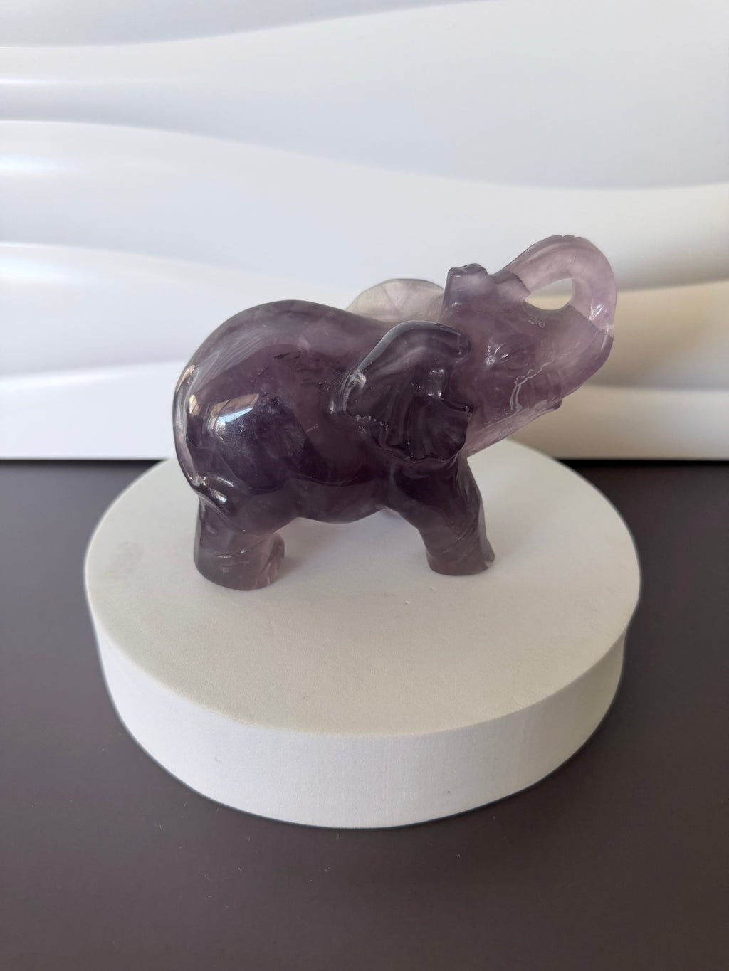 Purple Fluorite Elephant crystal carving - view 2