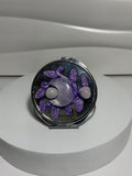 Amethyst crystal pocket mirror with moon and botanical design