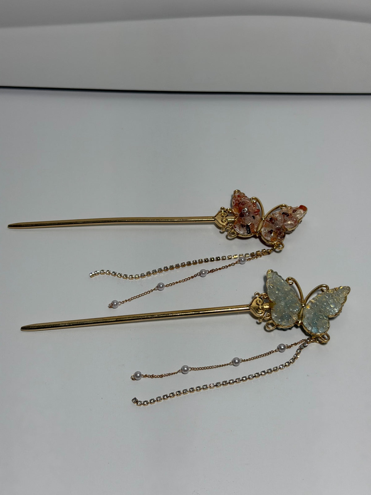 Carnelian and Aquamarine butterfly crystal hair pins