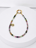 4mm colorful tourmaline phone and bag charm with lucky cat charm and gold-tone hardware