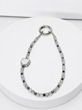 Labradorite, moonstone and hematite phone and bag charm with moonstone kitty accent and silver-tone hardware