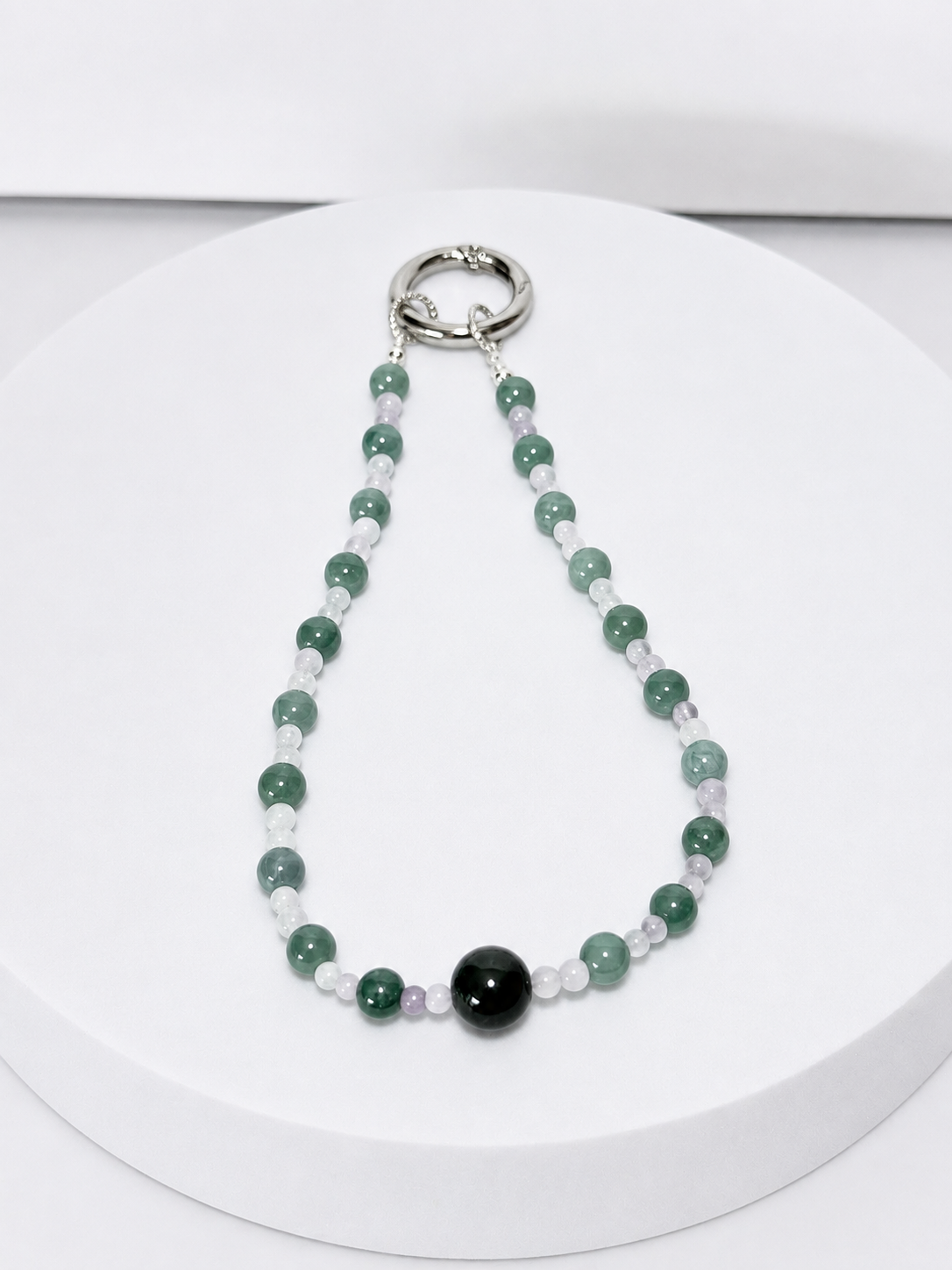 Blue water jade quartz 5mm bead and 8mm nephrite jade phone and bag charm with silver-tone hardware