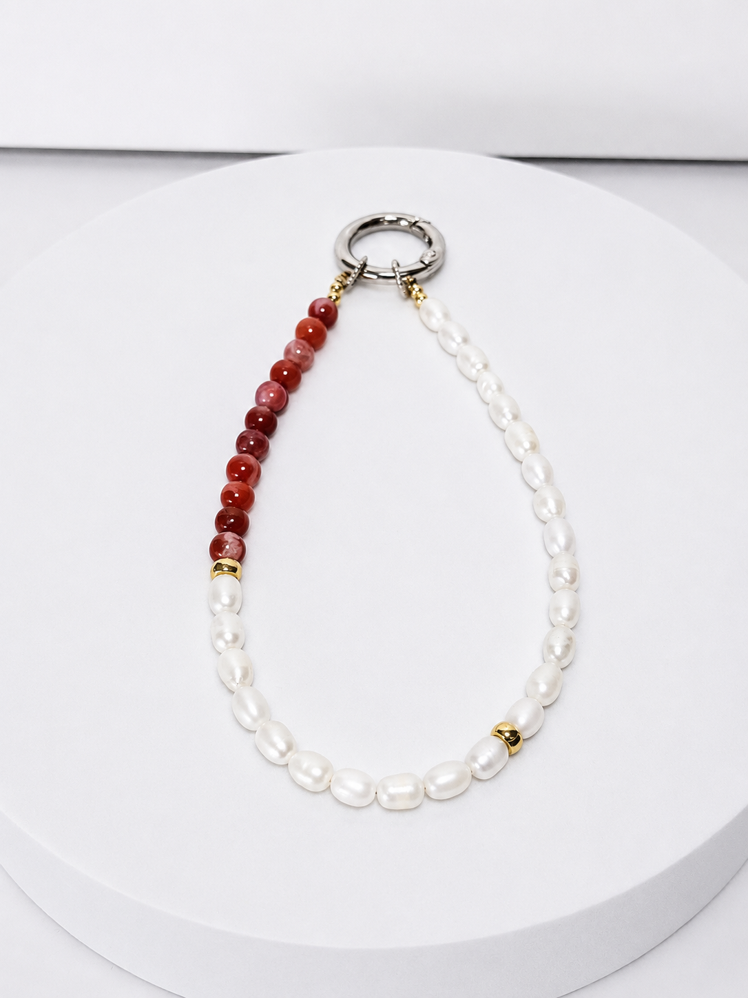 Freshwater rice pearl and Yan Yuan agate 6mm bead phone and bag charm with silver-tone ring and gold accents