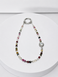 Colorful tourmaline and clear quartz 4mm bead phone and bag charm with moonstone heart charm and silver-tone hardware