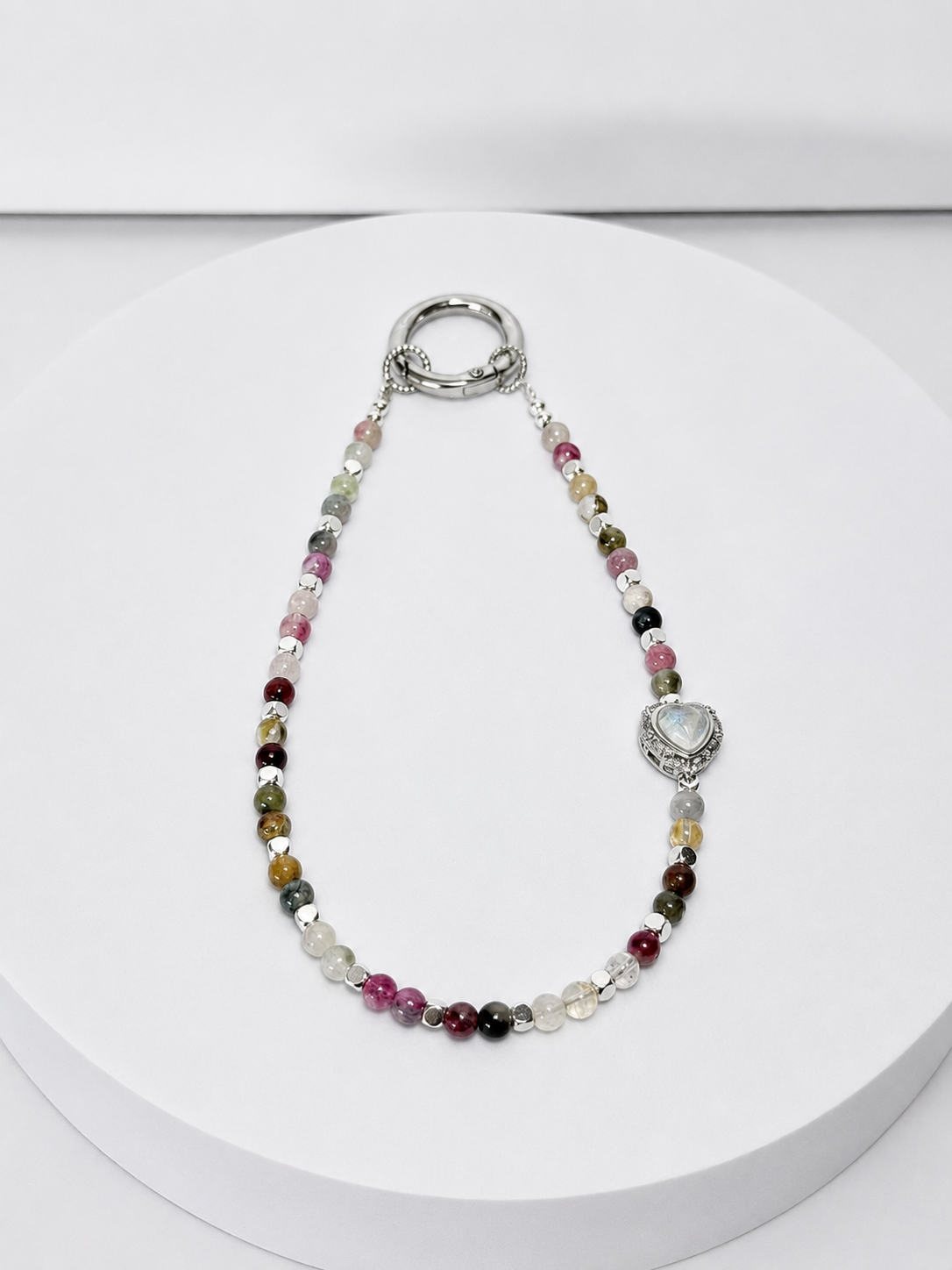 Colorful tourmaline and clear quartz 4mm bead phone and bag charm with moonstone heart charm and silver-tone hardware