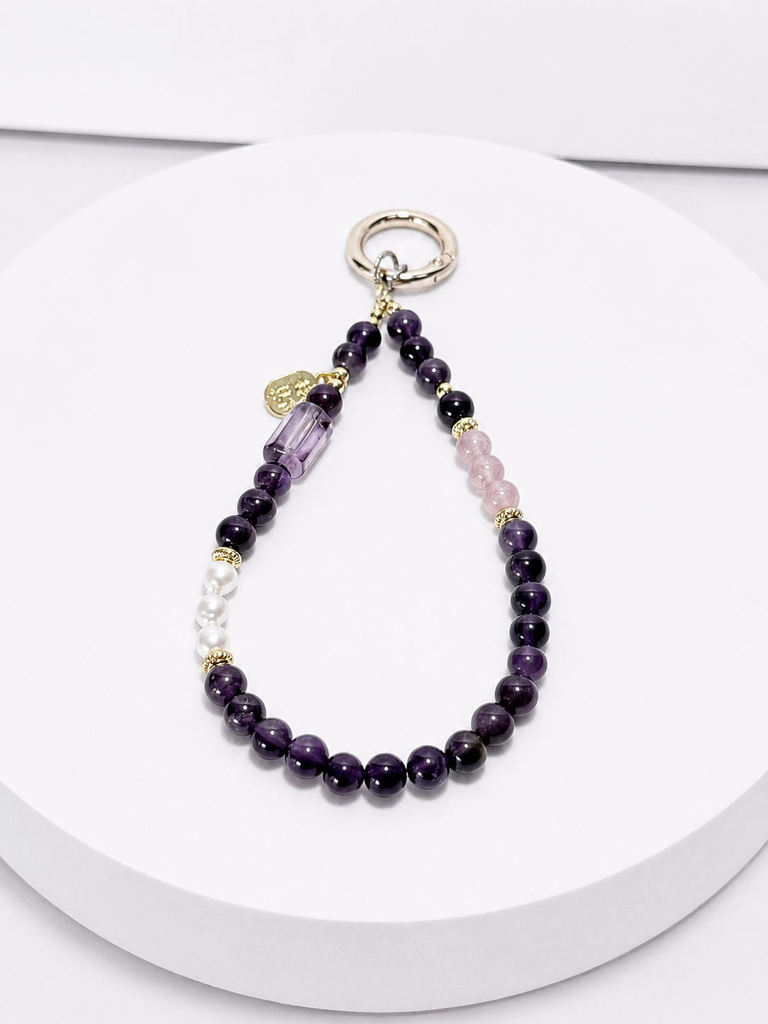 Amethyst clear quartz and rose quartz 7mm bead phone and bag charm with gold-tone accents