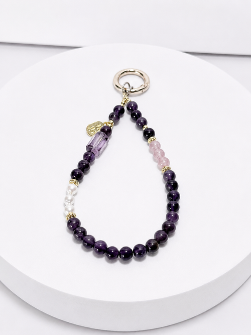 Amethyst clear quartz and rose quartz 7mm bead phone and bag charm with gold-tone accents