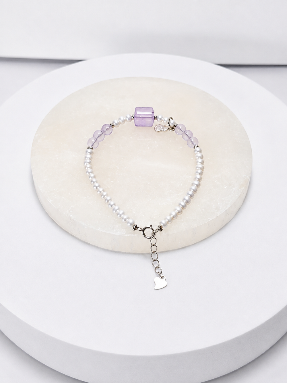 Freshwater Rice Pearl & Lavender Moon Quartz 4mm Bead Lucky Charm S925 Silver Chain Bracelet