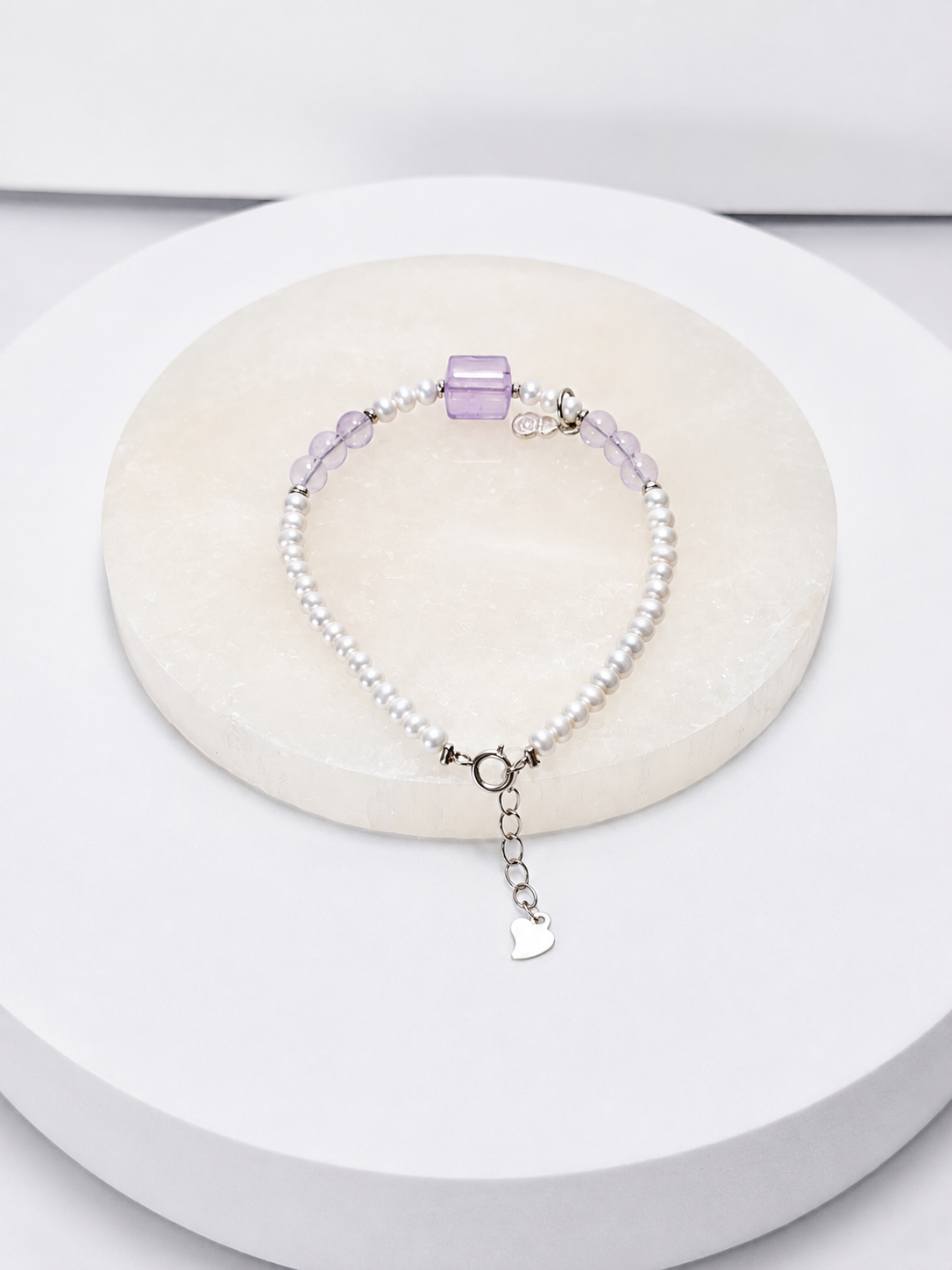 Freshwater rice pearl and lavender moon quartz 4mm bead bracelet with S925 silver chain and heart charm