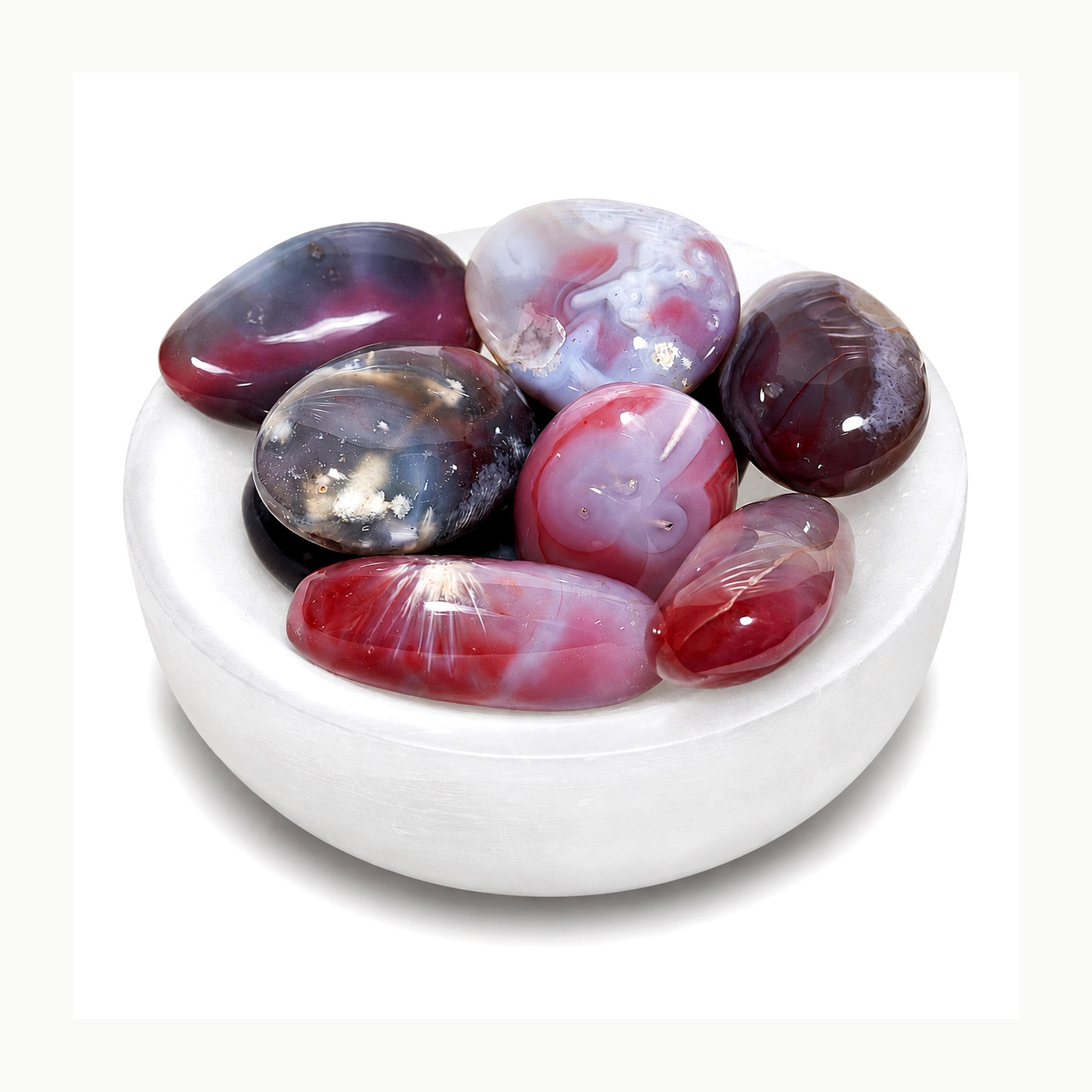 Swazi Agate palmstones group showing eight unique polished variations