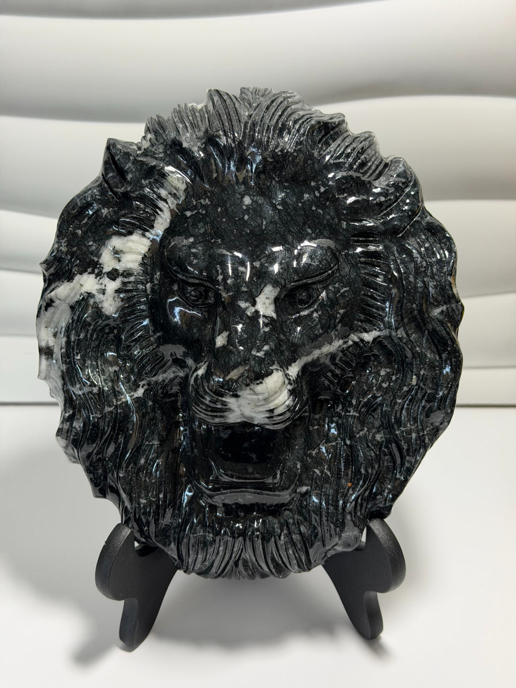 Hand-Carved Black & White Jade Lion Head - front view