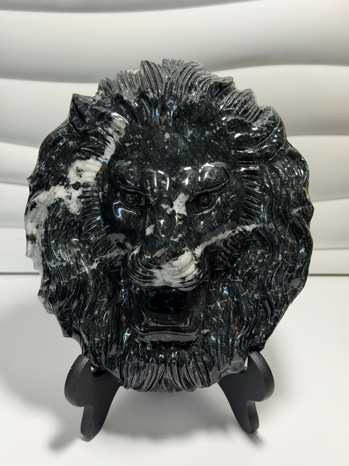Hand-Carved Black & White Jade Lion Head - front view