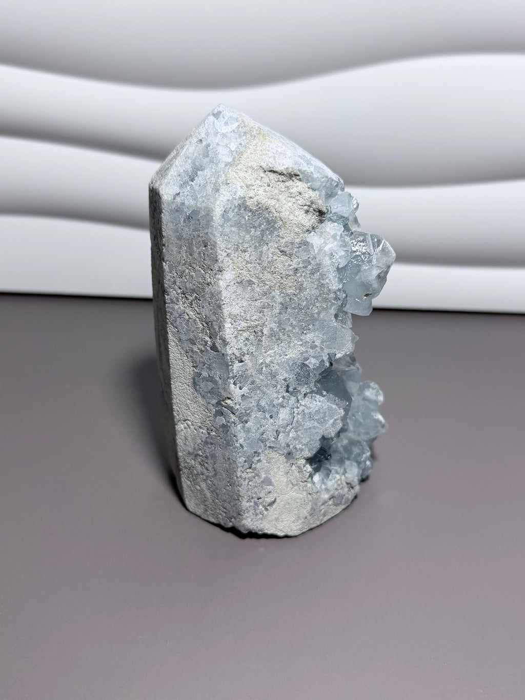 Blue celestite tower reverse view 5.5 inches