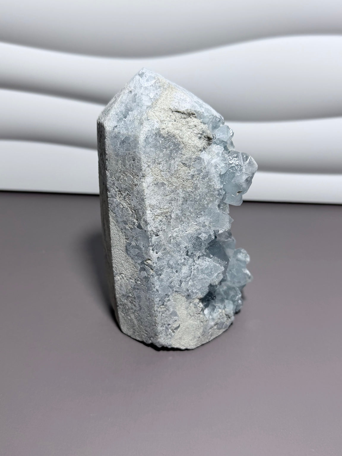 Blue celestite tower reverse view 5.5 inches