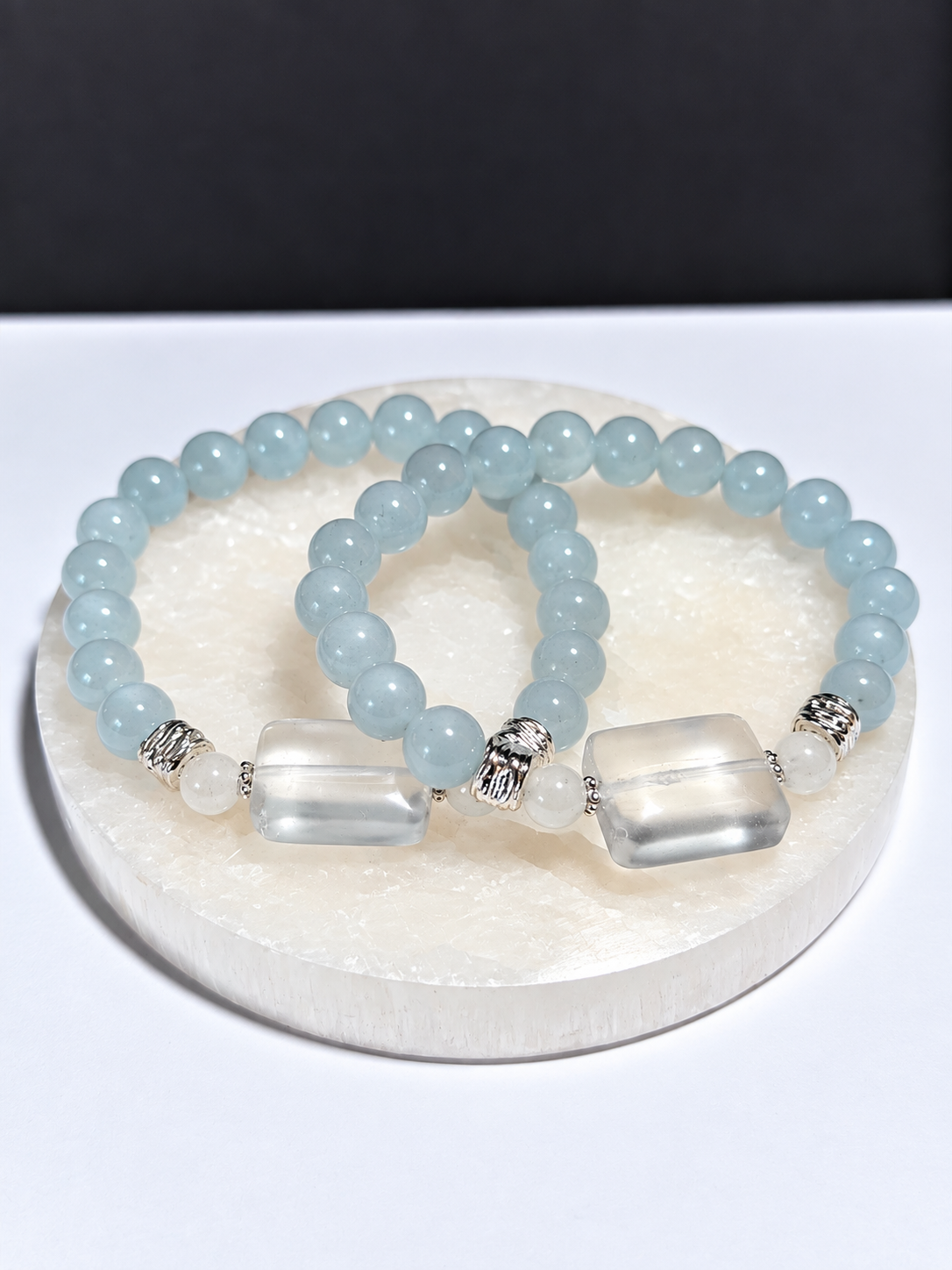 Blue Chalcedony & Clear Quartz Round Stretch Bracelet
