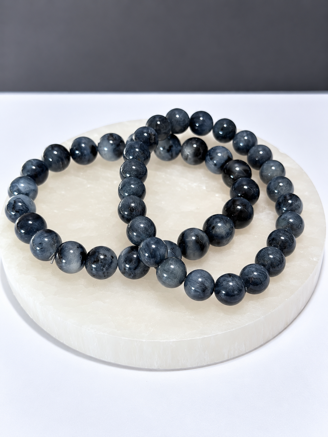 Blue Rabbit Hair Quartz stretch bracelets in 6mm and 8mm