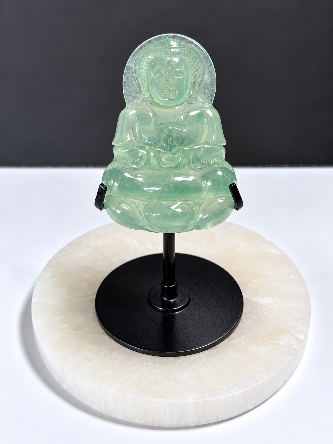 Certified Jade Guanyin carving on display stand
