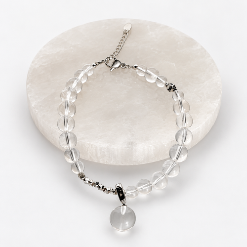 6mm clear quartz bracelet with S925 sterling silver clasp, seven-inch wrist size