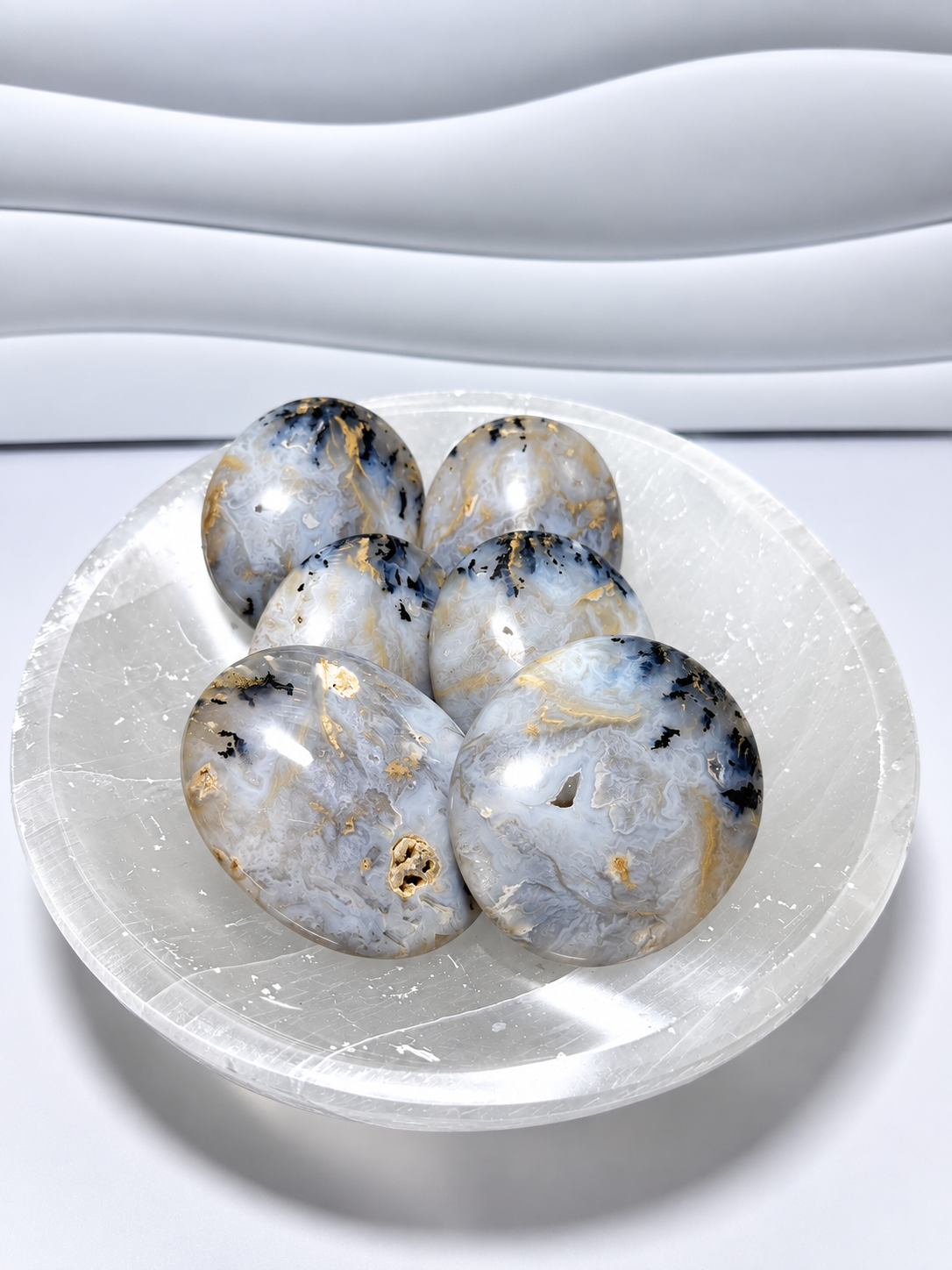 Dendritic agate large palmstones with pale gray, cream, black dendritic inclusions and natural druzy features