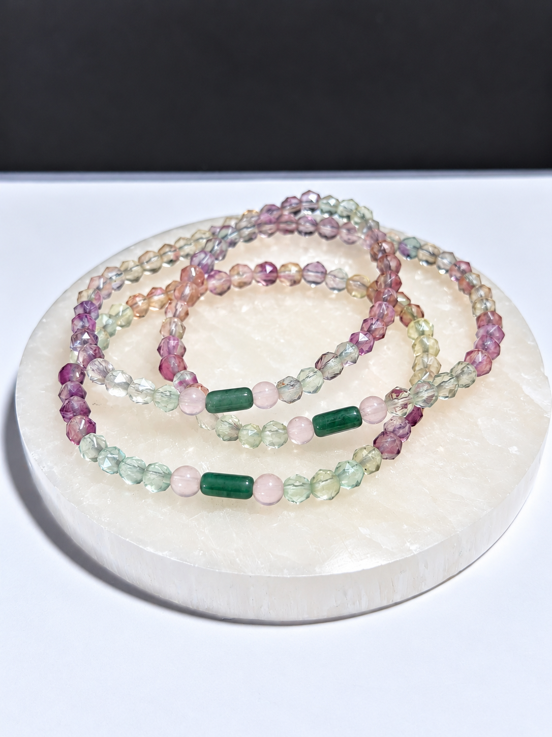 Fluorite 5mm Faceted Stretch Bracelet with Jade Barrel Focal