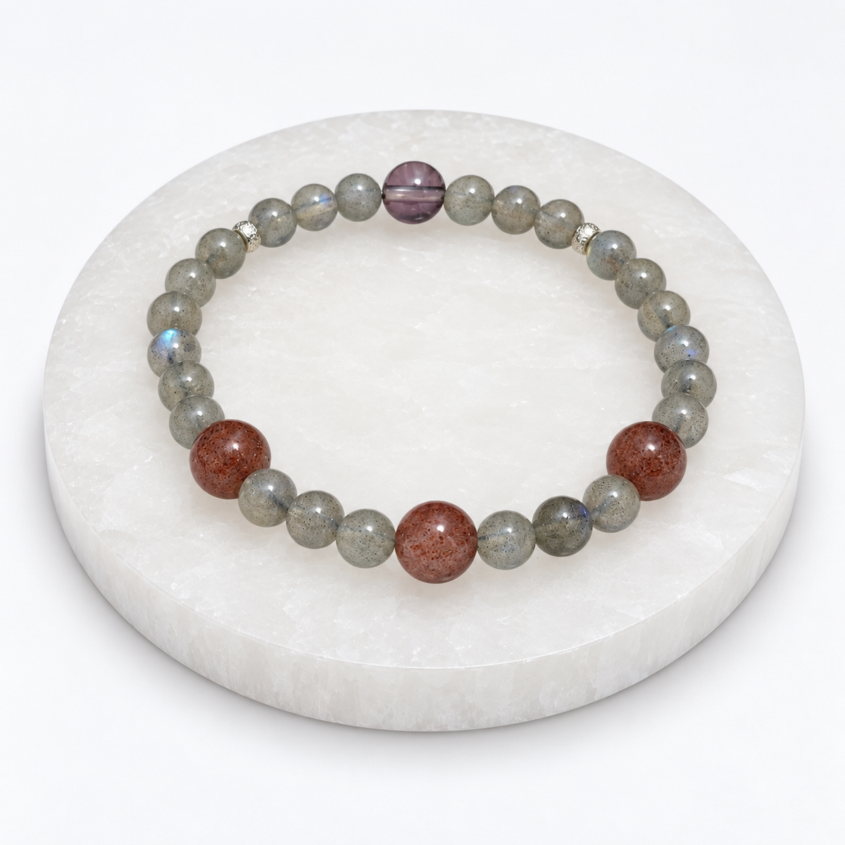 Labradorite and cherry quartz 5mm stretch bracelet on white display