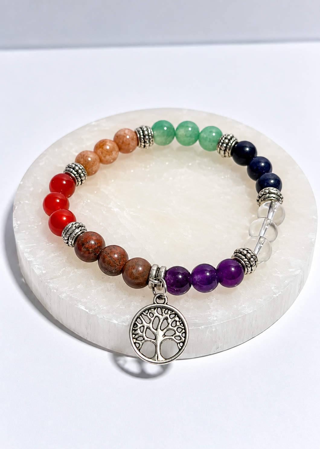 7 mm multistone chakra stretch bracelet with Tree of Life charm and antique silver-tone spacers