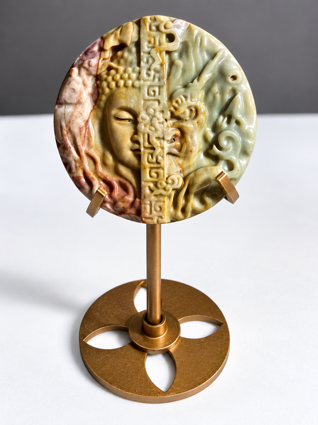 Alashan Agate Buddha and Dragon carved medallion, 1.5 inches