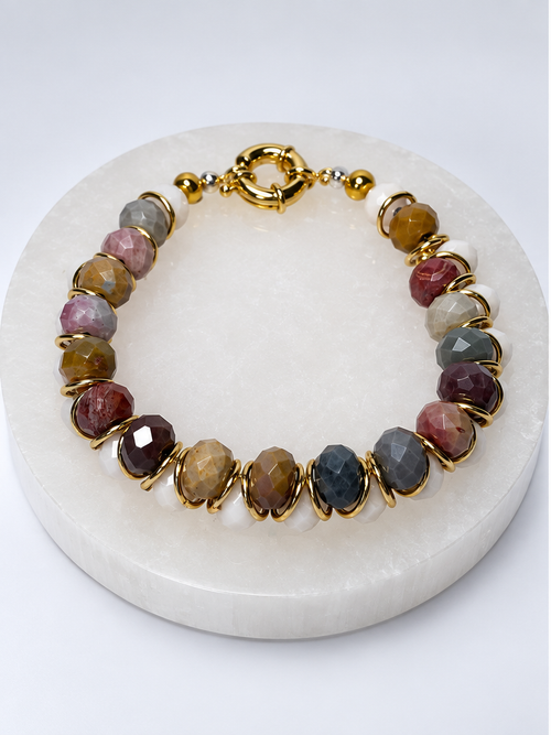Alashan Agate donut bracelet with brass findings - front view