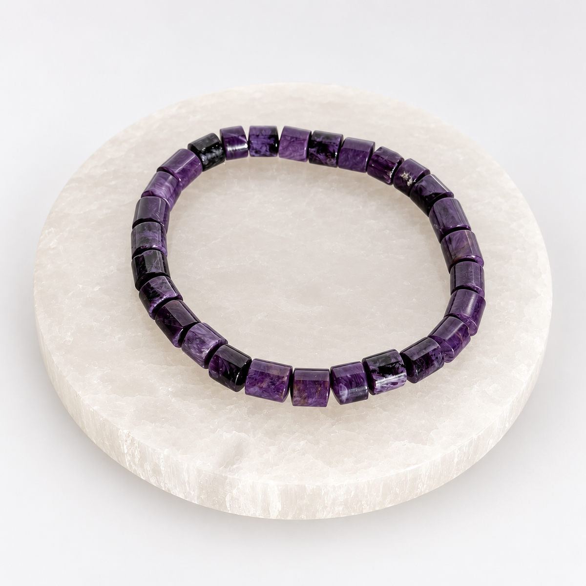 Charoite polished barrel bead stretch bracelet