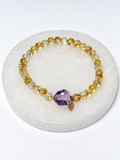 Citrine and amethyst focal 5mm stretch bracelet with brass leaf charm