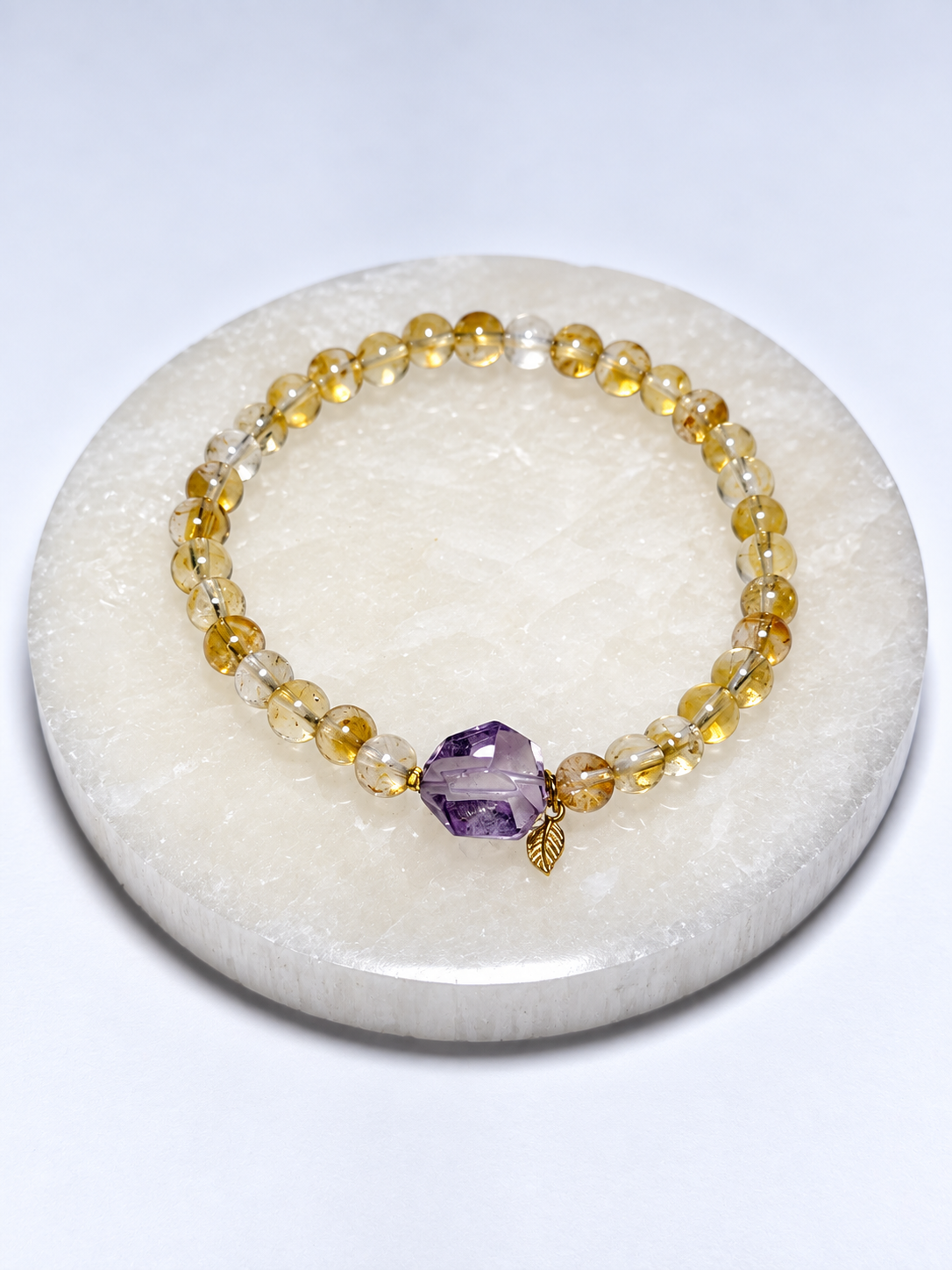 Citrine 6mm stretch bracelet with amethyst nugget focal and brass leaf charm - Mindful Whisper