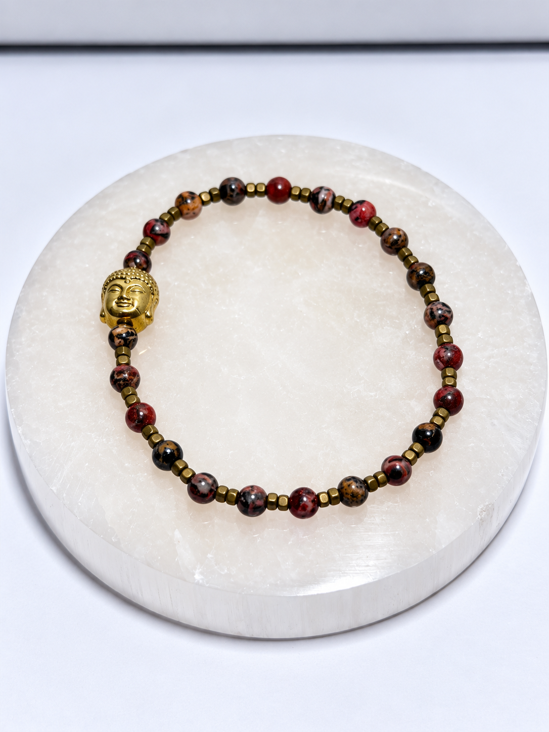 4 millimeter crazy lace agate stretch bracelet with brass Buddha focal and antique brass spacers