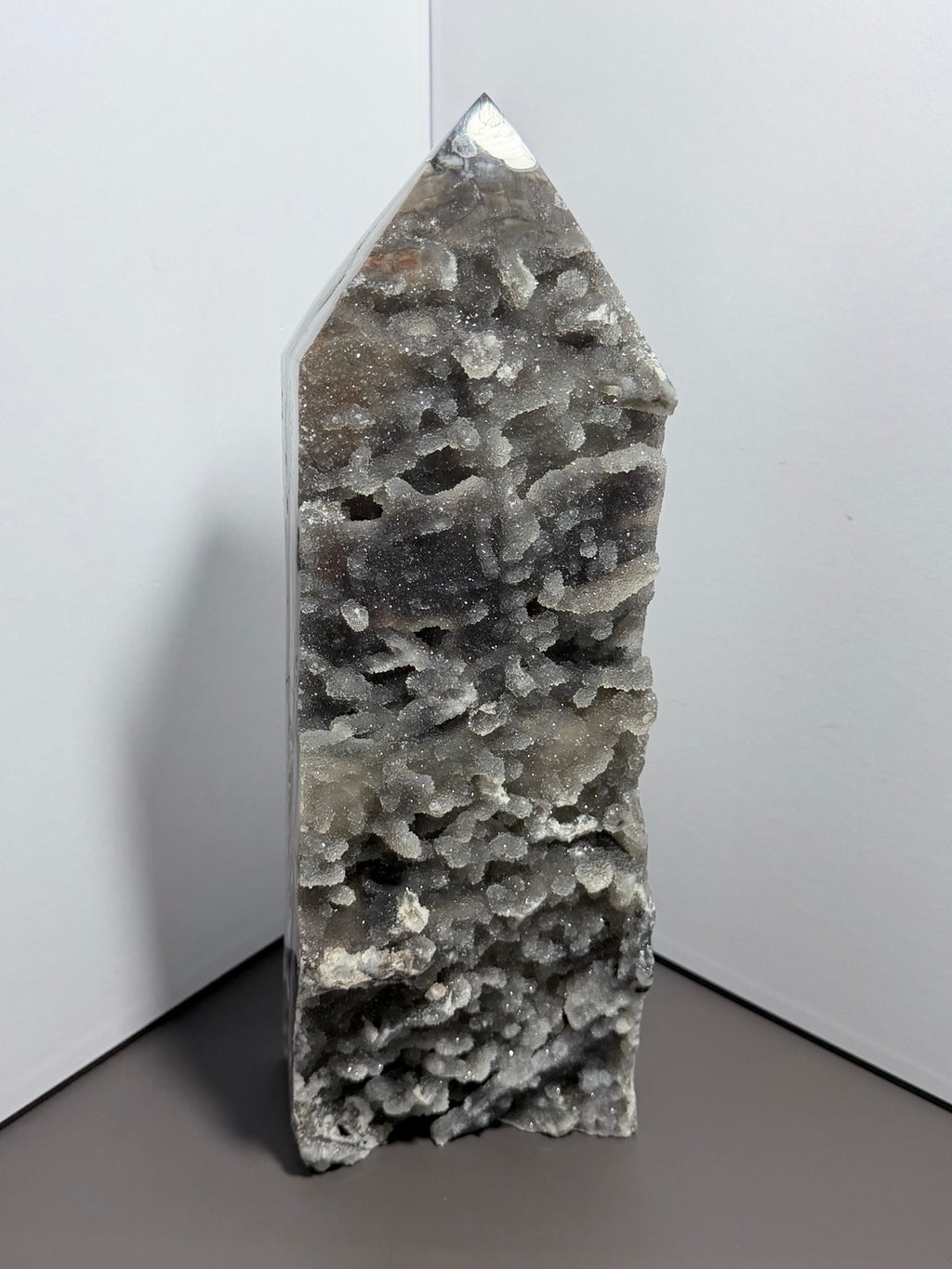 13-inch 7-pound druzy chalcedony tower front view with natural crystal pockets