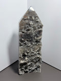 13-inch 7-pound druzy chalcedony tower front view with natural crystal pockets