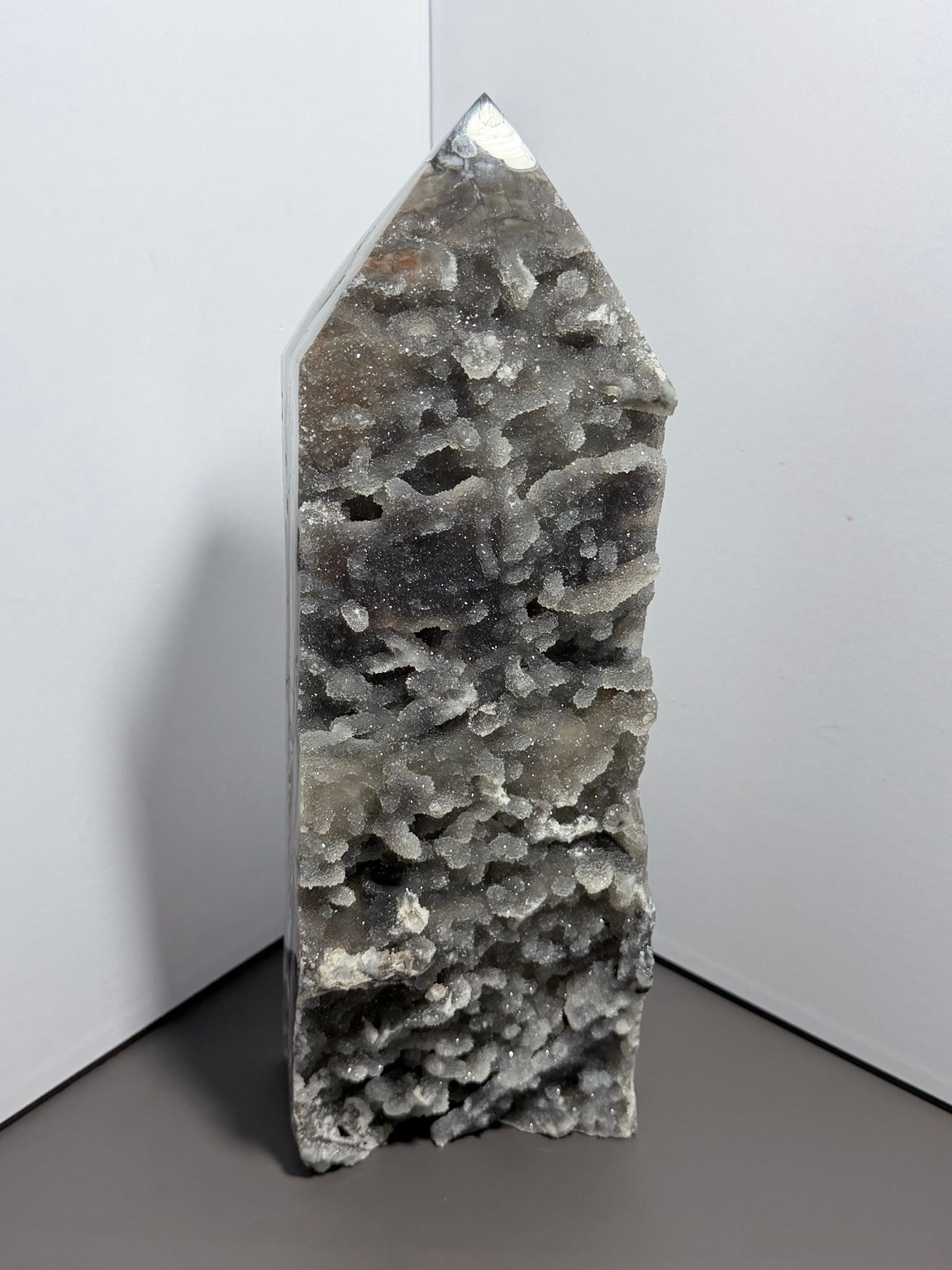 13-inch 7-pound druzy chalcedony tower front view with natural crystal pockets
