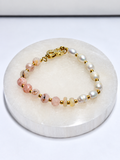 7-inch freshwater pearl and pink flower agate brass clasp bracelet with Ethiopian opal disc bead