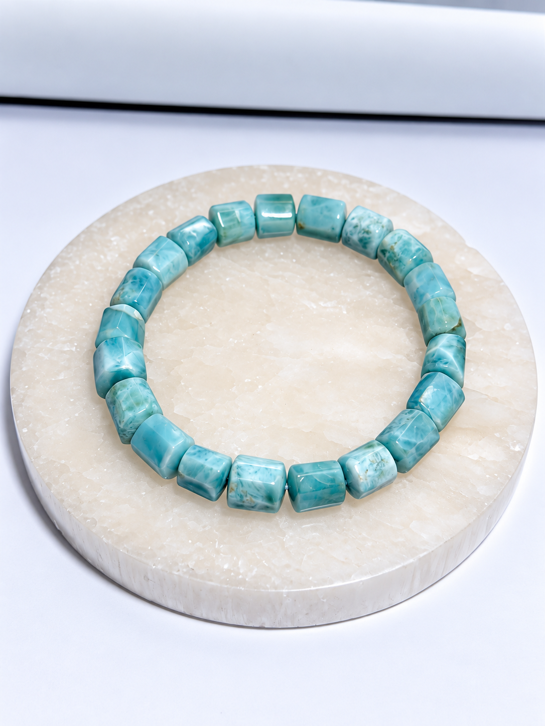 Mindful Whisper Larimar stretch barrel bead bracelet