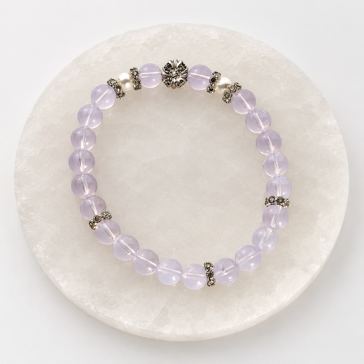 Lavender Moon Quartz 5mm stretch bracelet with ornate brass floral accents