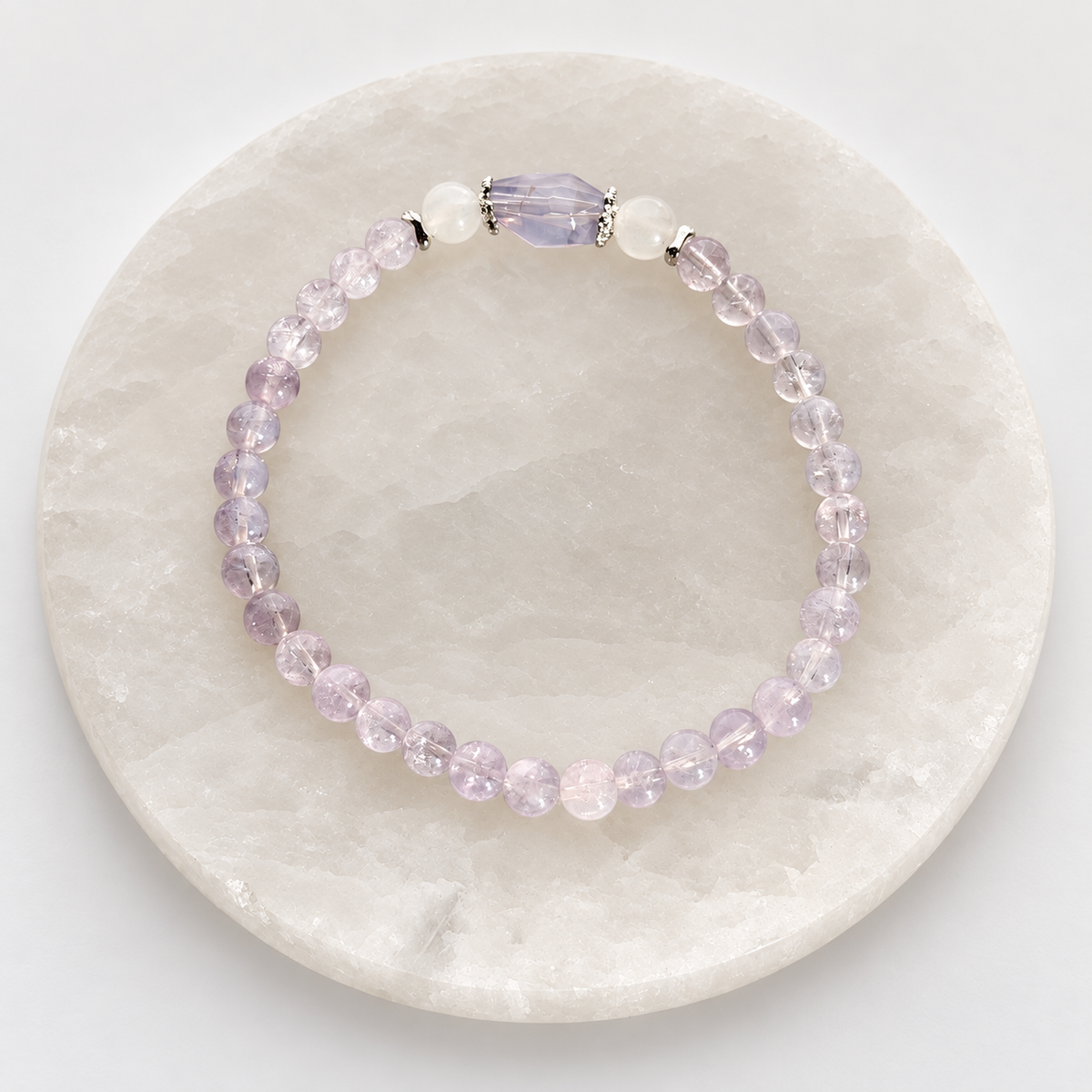 Lavender Moon Quartz and Moonstone stretch bracelet with silver-tone accents