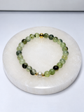 6mm Prehnite stretch bracelet with freshwater pearl and brass findings