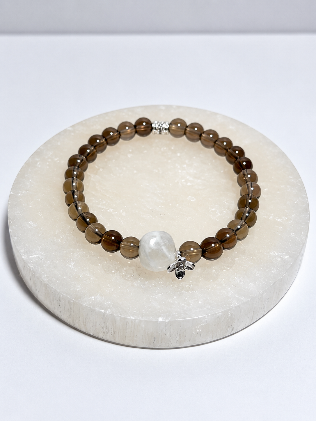 Smoky quartz 5 mm stretch bracelet with 7.5 mm freeform nugget focal and silver accents