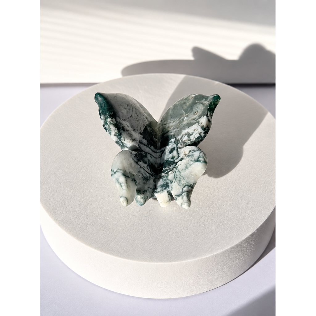 Moss Agate 3D Butterfly Carving - Mindful Whisper