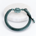 Nephrite jade adjustable open bangle bracelet with lotus carving and two 5mm jade beads
