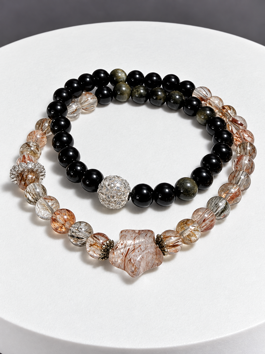Rutilated Quartz and Gold Sheen Obsidian Star Stretch Bracelet