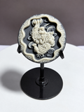 Tai Chi Stone circular medallion with guardian lion or Pixiu-style relief carving on black stand