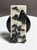 Tai Chi Stone rectangular relief carving with pine tree, mountains, clouds, pavilion and landscape motifs