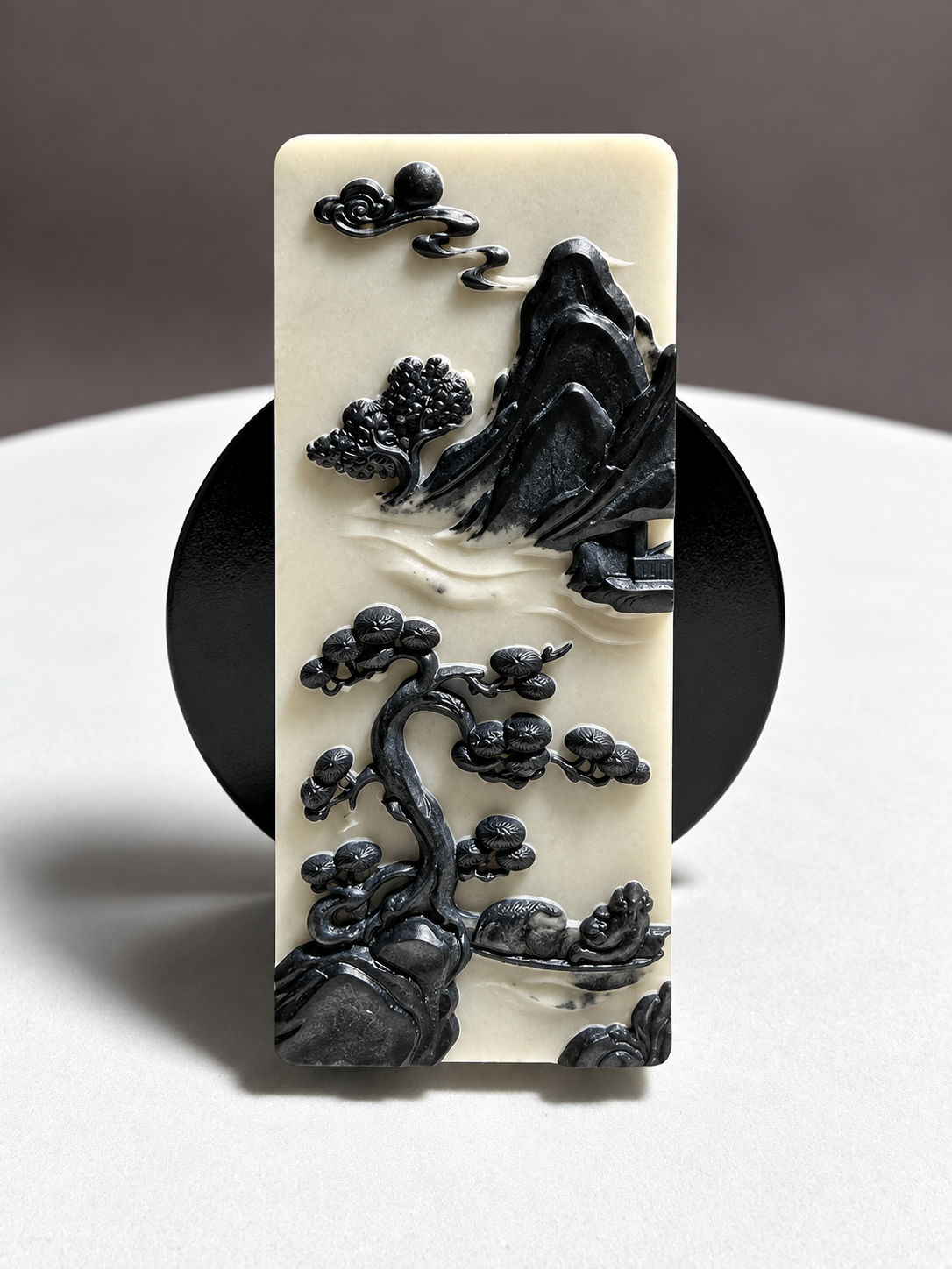 Tai Chi Stone rectangular relief carving with pine tree, mountains, clouds, pavilion and landscape motifs