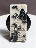 Tai Chi Stone rectangular relief carving with pine tree, mountains, clouds, pavilion and flowing landscape details