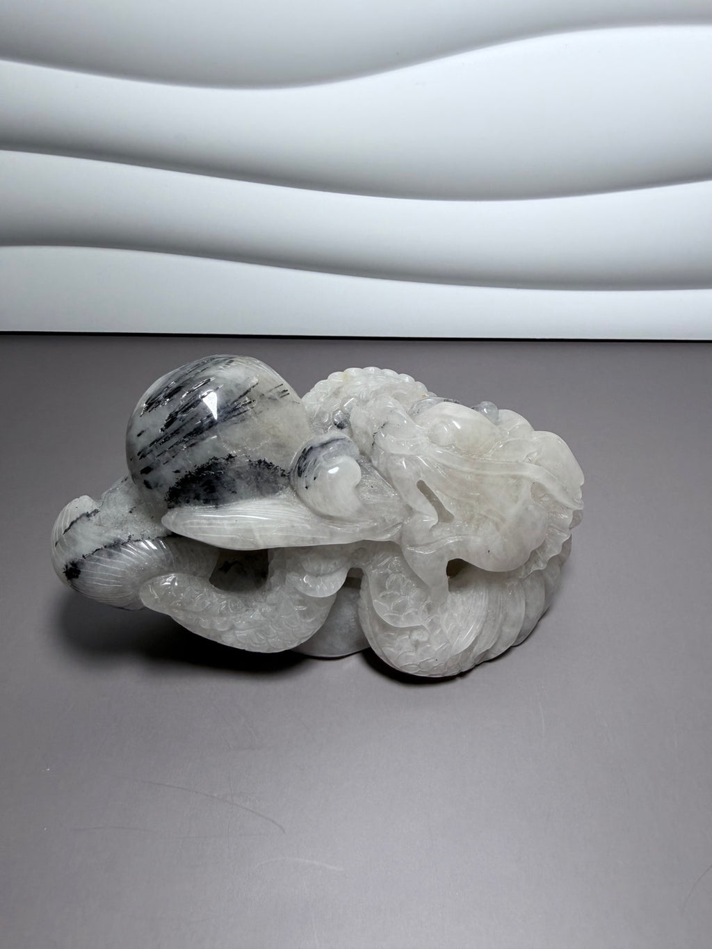 Hand carved tourmaline in quartz dragon 6 inch view one